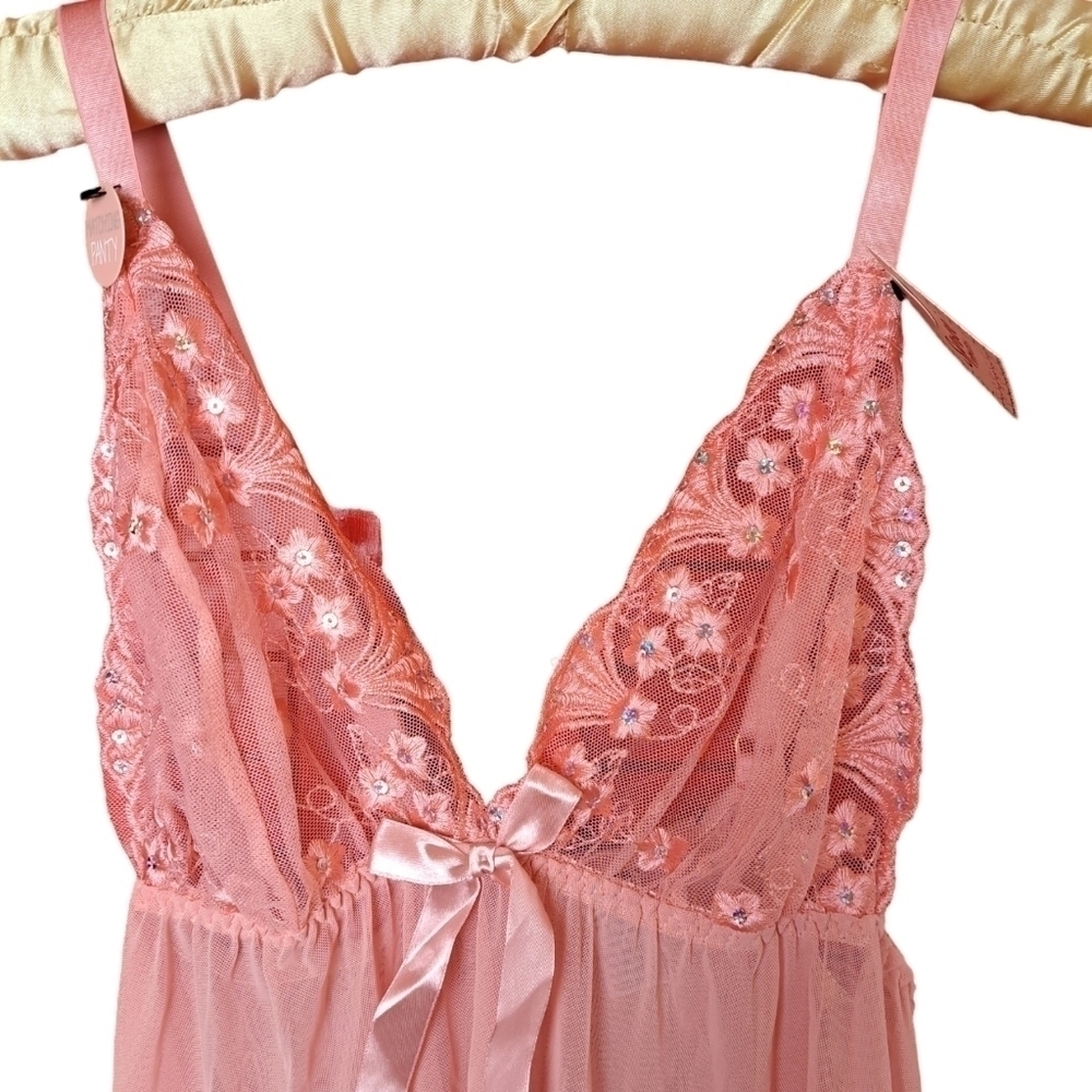 Spree intimates 2x NWT peach negligee w matching thong lacy satin sequins - Picture 2 of 7